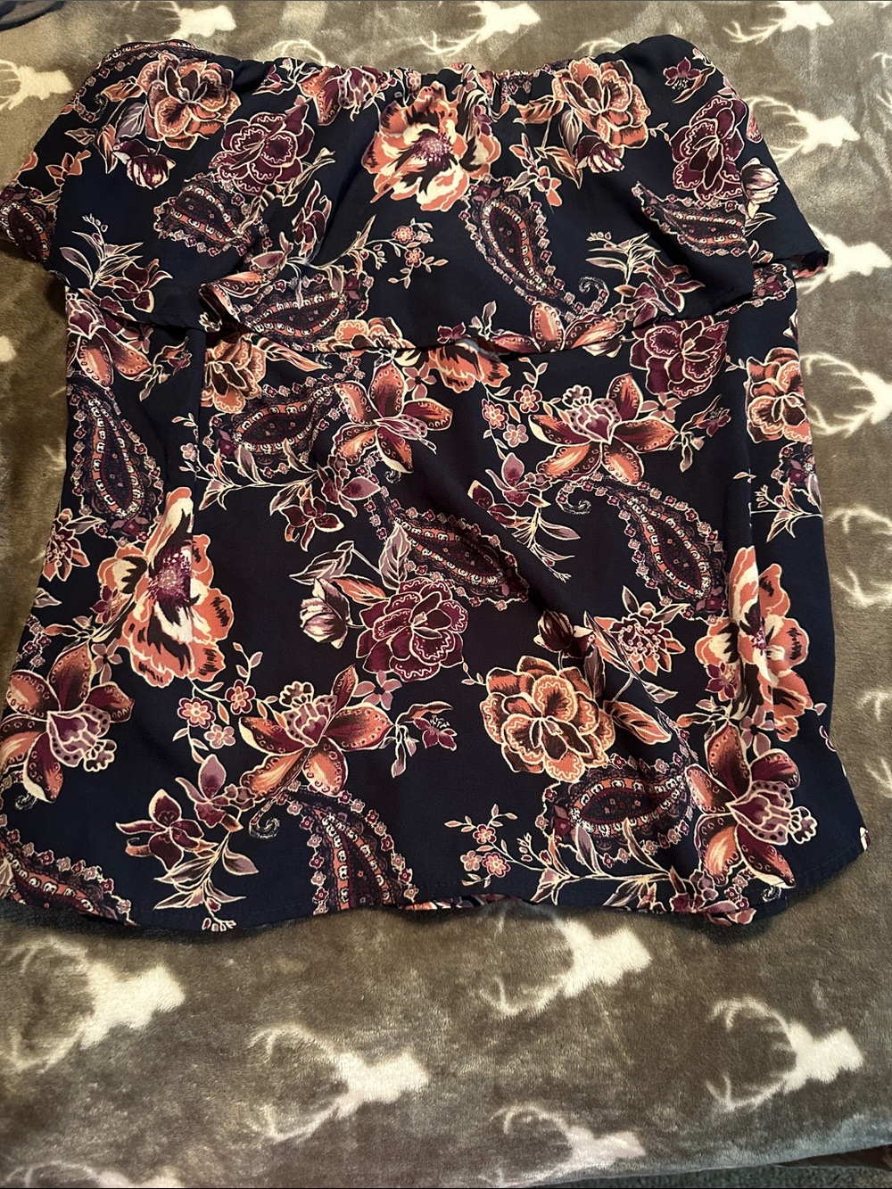 Floral strapless Women's Top in Navy with Pink and Coral Accents
